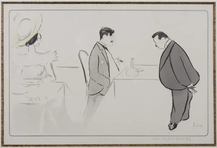 Cléo de Mérode et Georges Feydeau aux Ambassadeurs, caricature
