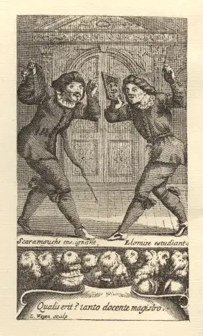Scaramouche enseignant, Elomire (Molière) estudiant / gravure de L. Weyen