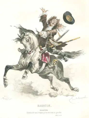 Gravure de « Ragotin » : rôle de Ragotin, dessin d’Emile Bayard, gravure de Follet