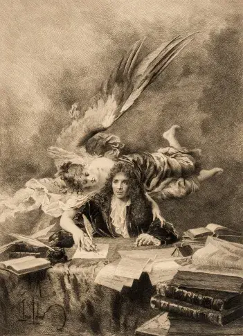 Molière guidé par Thalie / gravure d'Eugène Champollion