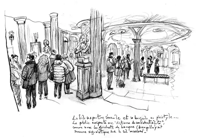La Salle Richelieu, le péristyle, dessin de Damien Roudeau