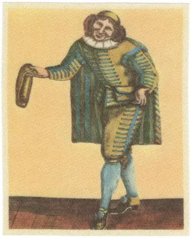 Molière en Sganarelle, gravure d'après Simonin imprimée en couleur sur un timbre en tissu