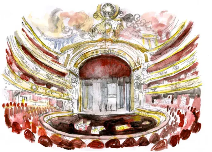 La Salle Richelieu, salle à l’italienne, vue de la corbeille, dessin de Damien Roudeau