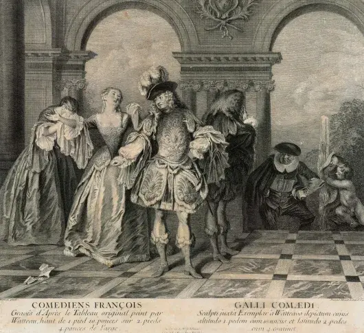 Comédiens François, gravés par Joannes Micaël Liotard d'après le tableau original peint par Watteau, [1720-1721]