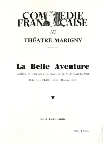 Programme du 6 août 1935, "La Belle aventure", Théâtre Marigny
