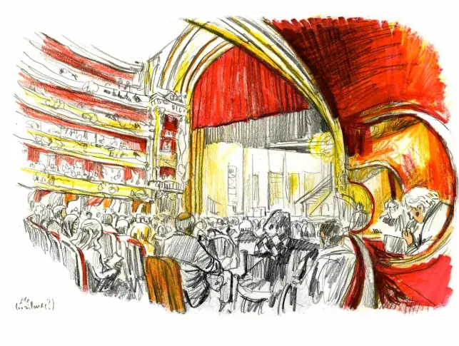 Dans la Salle Richelieu un soir de représentation, dessin de Damien Roudeau