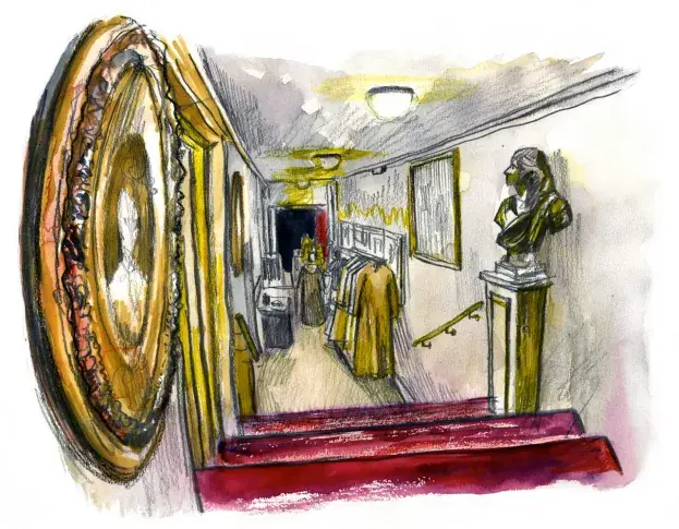 La Salle Richelieu, accès à la scène depuis le Foyer des artistes, dessin de Damien Roudeau