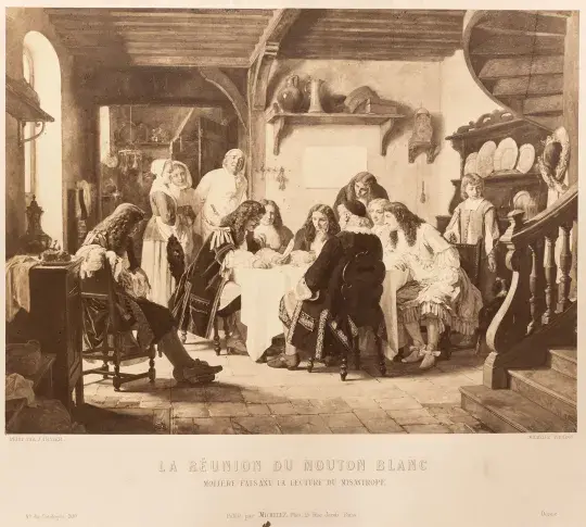La Réunion du Mouton blanc : Molière faisant la lecture du Misanthrope / gravure de Charles-Louis Michelez