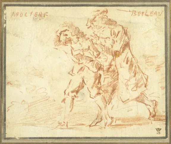 Scènes de la vie et du théâtre de Molière : Molière et Boileau / dessin de Claude Gillot