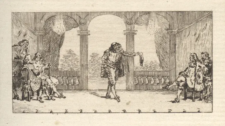 Sganarelle et spectateurs sur la scène / gravure de Frédéric-Désiré Hillemacher