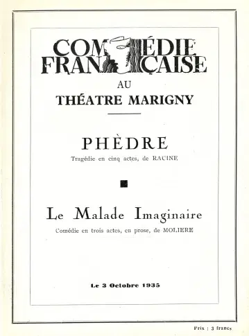 Programme du 3 octobre 1935, "Phèdre", "Le Malade imaginaire", Théâtre Marigny