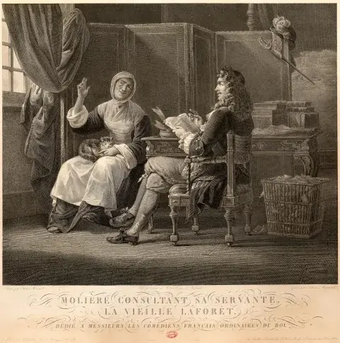 Molière consultant sa servante, la vieille Laforêt / gravure d'Adrien Migneret