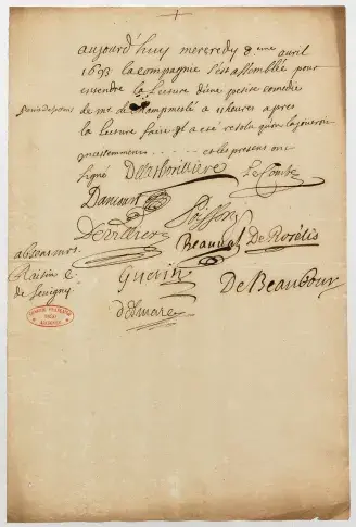 Feuille d’assemblée pour la lecture de « Je vous prends sans verd », pièce supposée de La Fontaine et Champmeslé, 8 avril 1693