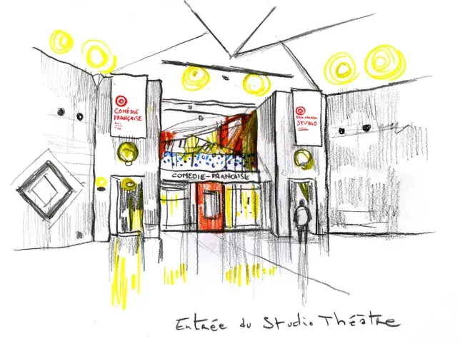 Le Studio-Théâtre, entrée nichée dans le Carrousel du Louvre, dessin de Damien Roudeau