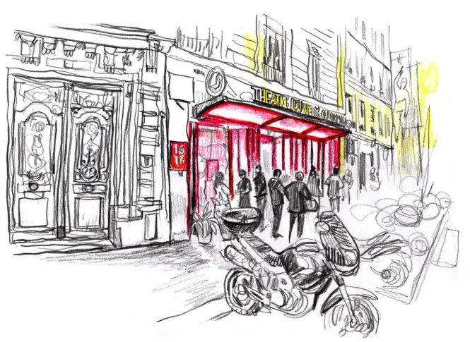 Le Théâtre du Vieux-Colombier, la façade, dessin de Damien Roudeau