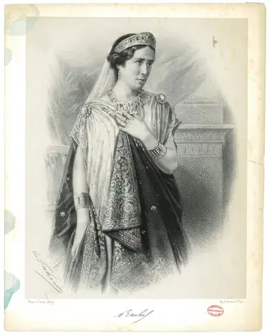 Rachel dans le rôle de Phèdre, dessin de C. Fuhn, d’après Mayer et Pierson, société de photographie, années 1860