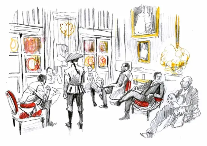 Hommage à Molière, 15 janvier 2016, les comédiens attendent dans le Foyer des artistes, dessin de Damien Roudeau