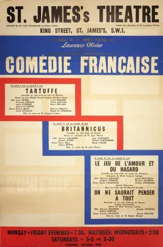 Affiche de la tournée de la Comédie-Française à Londres en 1953 au St James Theatre