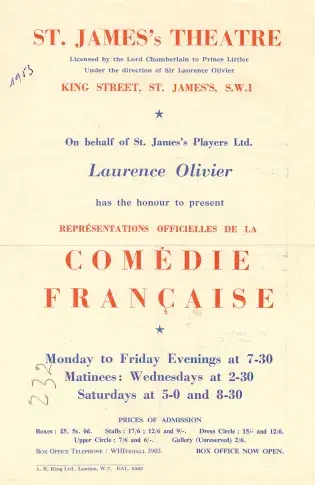 Programme de la tournée de la Comédie-Française à Londres en 1953 au St James Theatre