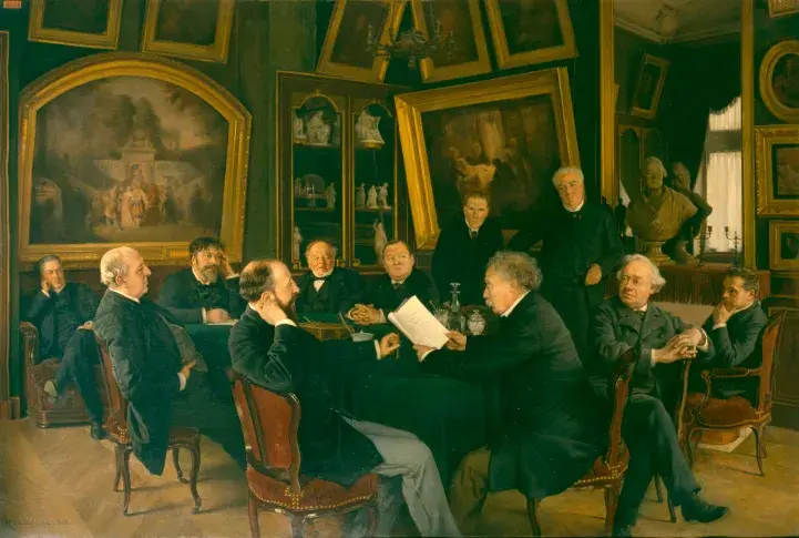 "Une lecture au comité en 1886", par Henri Adolphe Laissement, huile sur toile, 1886