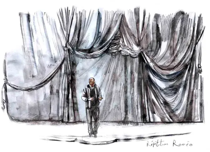 Répétitions de "Roméo et Juliette" de William Shakespeare, mise en scène d’Eric Ruf, dessin de Damien Roudeau
