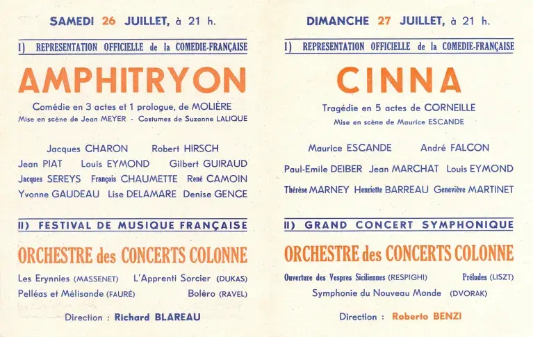 Programme des Chorégies au Théâtre antique d'Orange en 1958, du 26 au 31 juillet, représentations officielles de la Comédie-Française