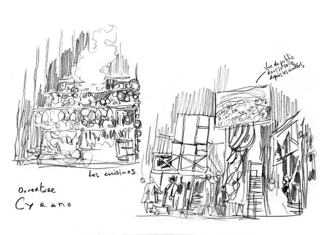 Le décor monté de "Cyrano de Bergerac" d’Edmond Rostand, mise en scène de Denis Podalydès, décor d’Eric Ruf, dessin de Damien Roudeau