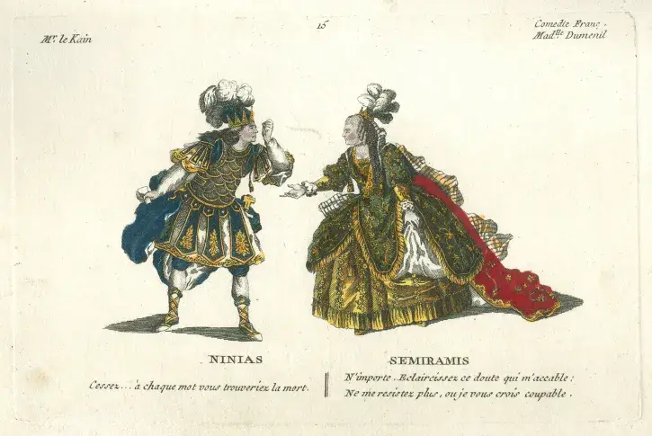 Lekain dans le rôle de Ninias et Mlle Dumesnil dans le rôle de Sémiramis (« Sémiramis » de Voltaire), gravure d’après Whirsker, 1777