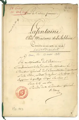 Manuscrit de « La Fontaine chez Madame de La Sablière » de Naudet, 1821