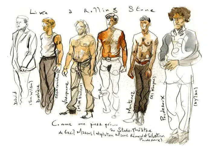Saluts de la jeune garde des pensionnaires à l'issue de la première de "Comme une pierre qui…" de Greil Marcus au Studio-Théâtre, dessin de Damien Roudeau