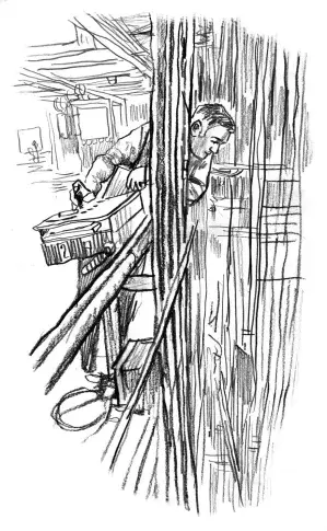 Un cintrier au dessus du plateau de la Salle Richelieu, dessin de Damien Roudeau