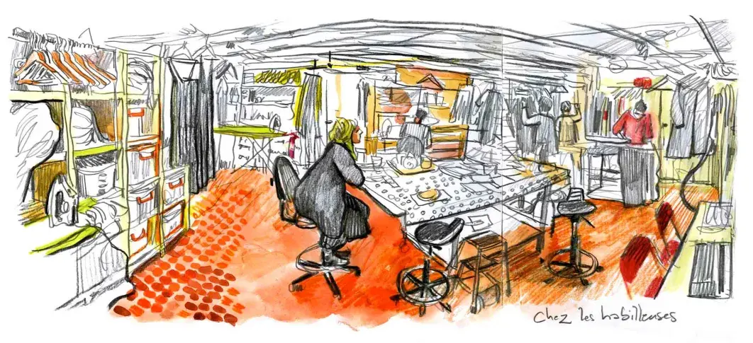 L’atelier des habilleuses de la Salle Richelieu, dessin de Damien Roudeau