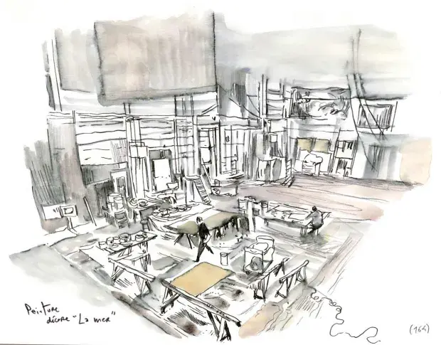 Vue depuis la mezzanine sur l'atelier de décoration de Sarcelles où sont réalisés des essais de toiles de fond pour le décor de "La Mer" d'Edward Bond, dessin de Damien Roudeau