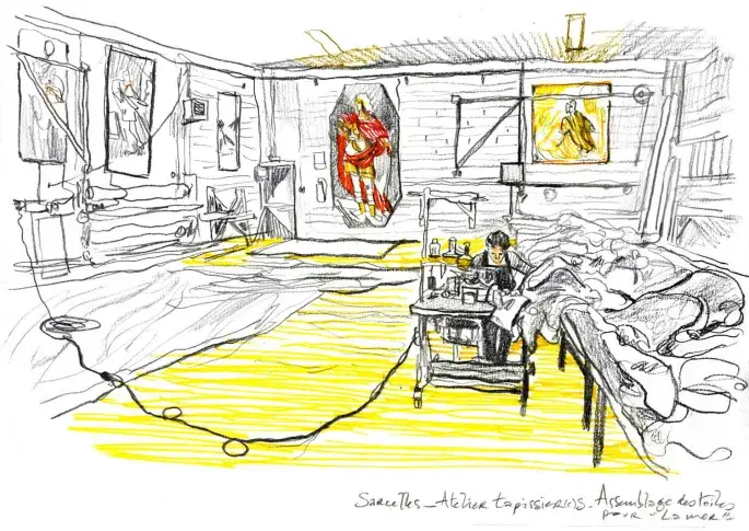 L’atelier de construction à Sarcelles, les tapissières cousent les toiles de scène de "La Mer" d'Edward Bond, dessin de Damien Roudeau