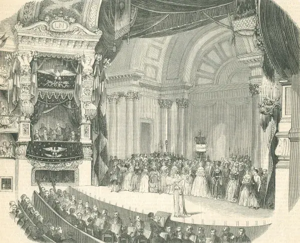 Salle Richelieu, Rachel, L'Empire c'est la paix, gravure, 1852